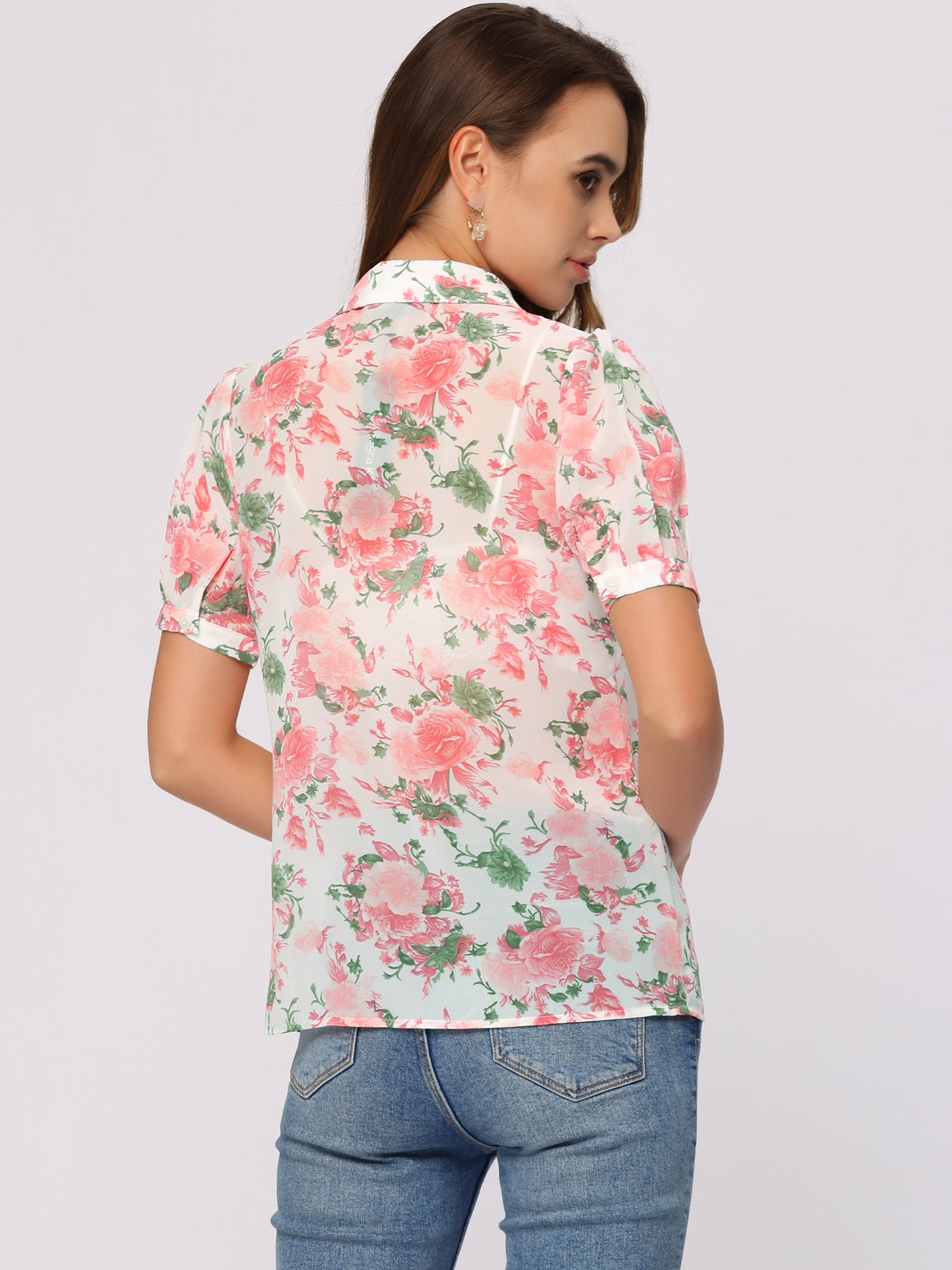 Allegra K Turndown Collar Puff Sleeve Semi Sheer Chiffon Floral Shirt Top