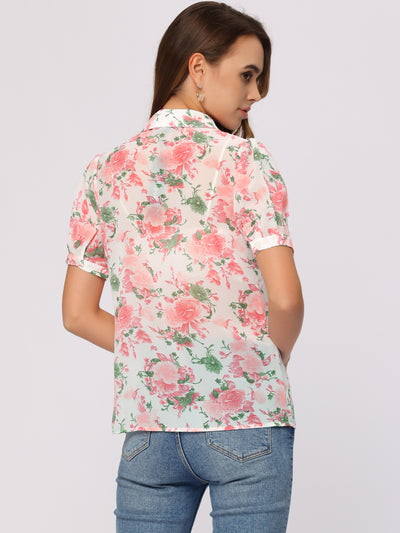 Turndown Collar Puff Sleeve Semi Sheer Chiffon Floral Shirt Top