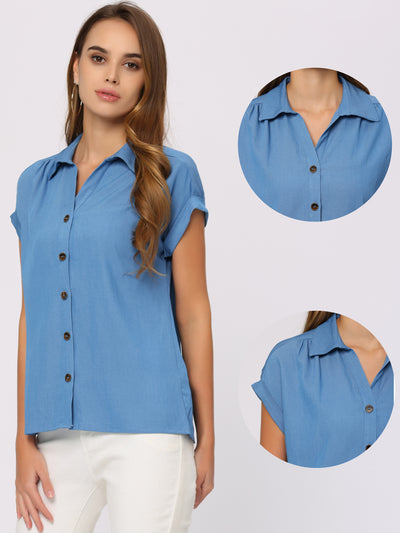 Casual Cotton Short Sleeve V Neck Relaxed Button Up Shirt