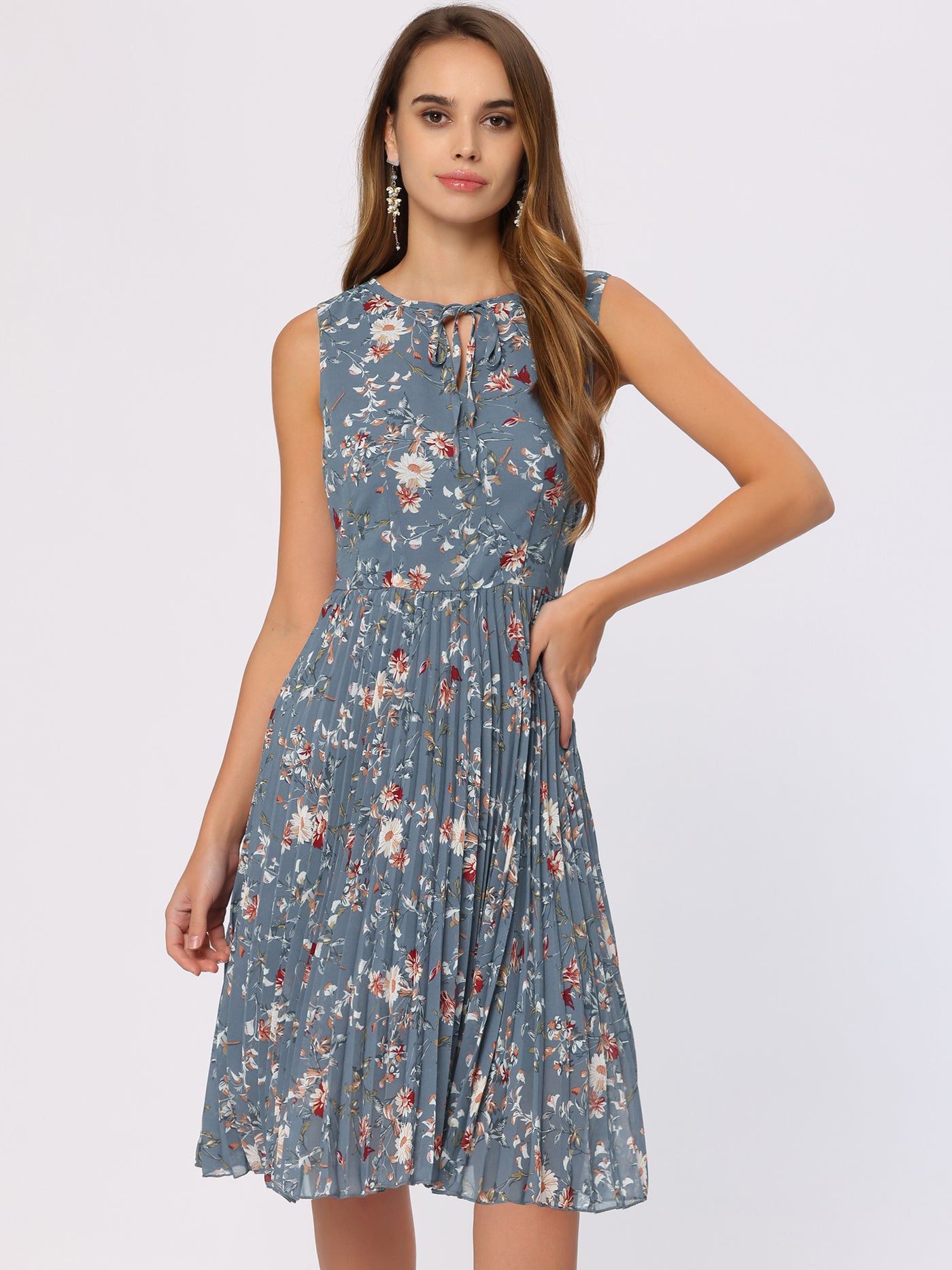Allegra K Floral Print Summer A-Line Knee Length Sleeveless Pleated Dress