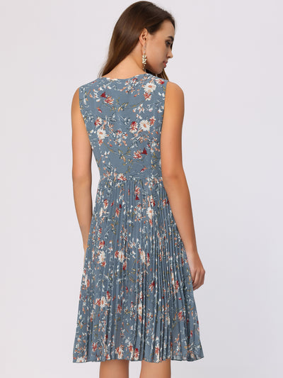 Floral Print Summer A-Line Knee Length Sleeveless Pleated Dress