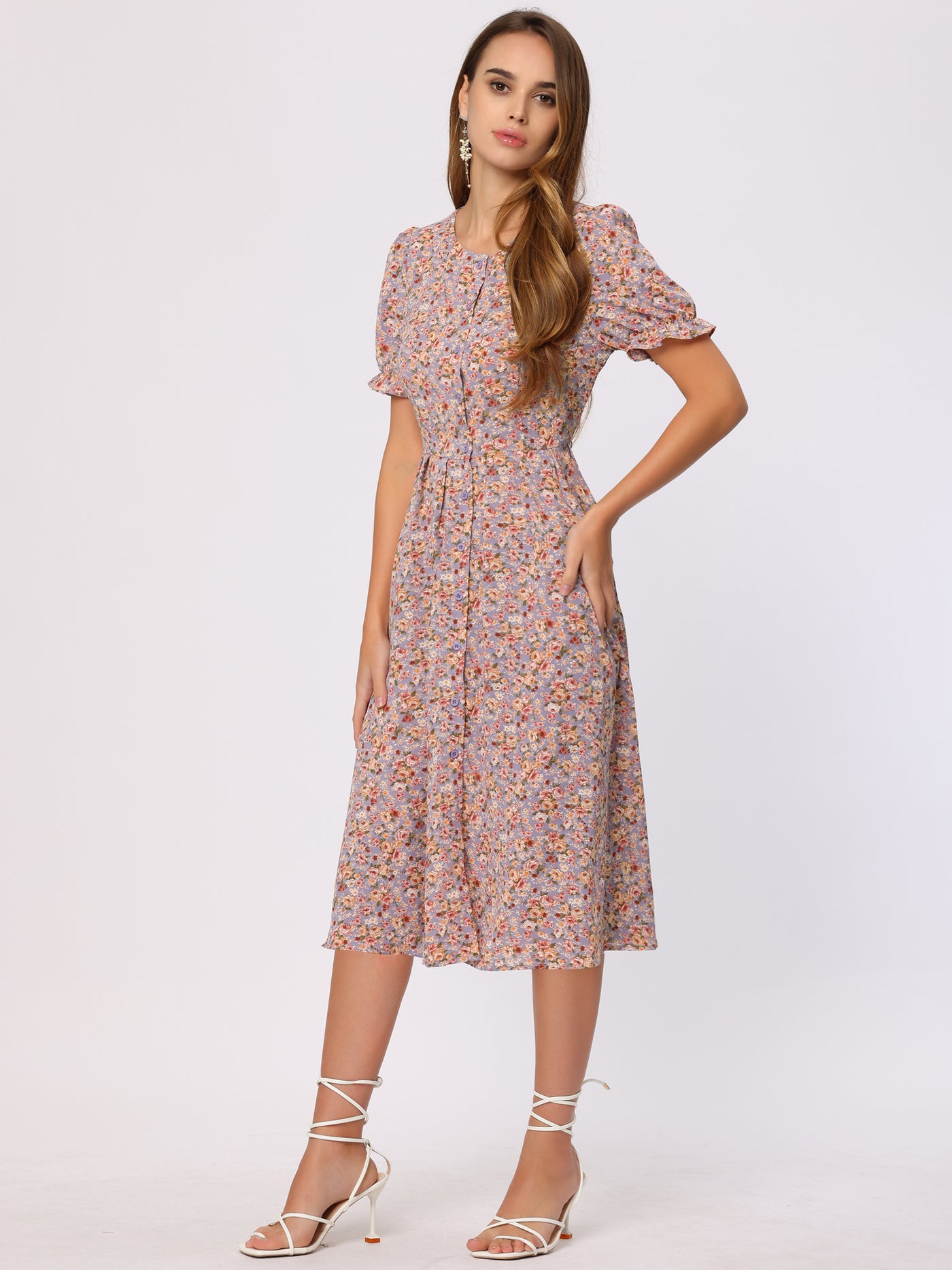 Allegra K Floral Midi Dress Round Neck Ruffle Sleeve Button Down ShirtDress