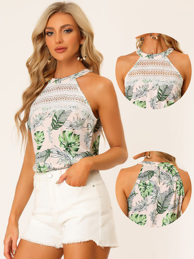 Tropical Floral Halter Neck Sleeveless Lace Hollow Out Tank Top