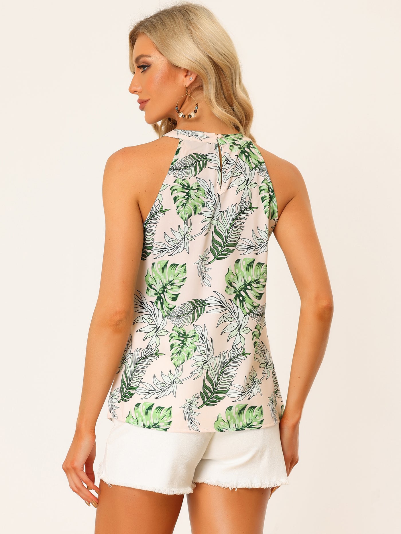 Allegra K Tropical Floral Halter Neck Sleeveless Lace Hollow Out Tank Top
