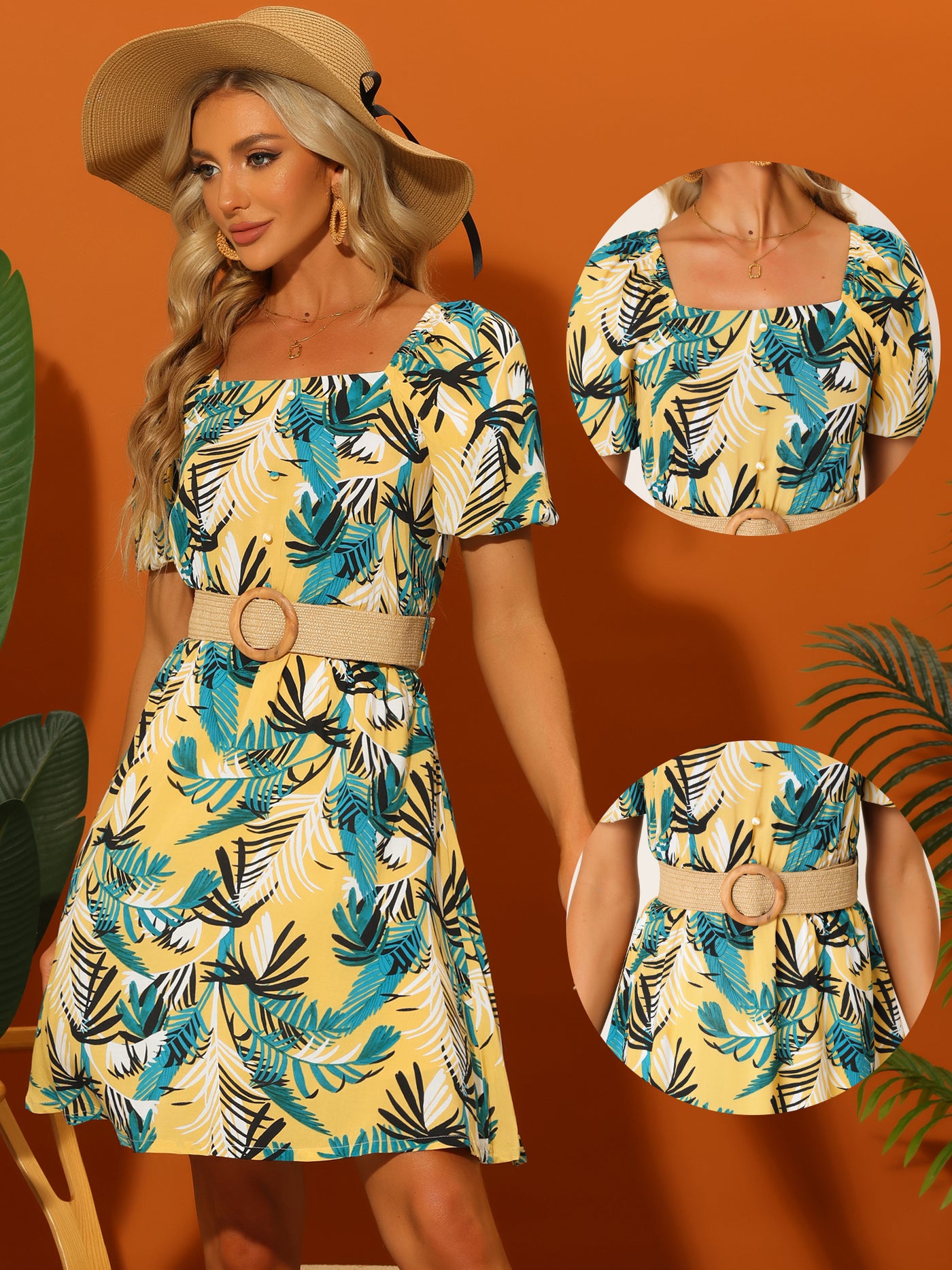 Allegra K Hawaiian Short Puff Sleeve Square Neck Tropical Floral A-Line Dress