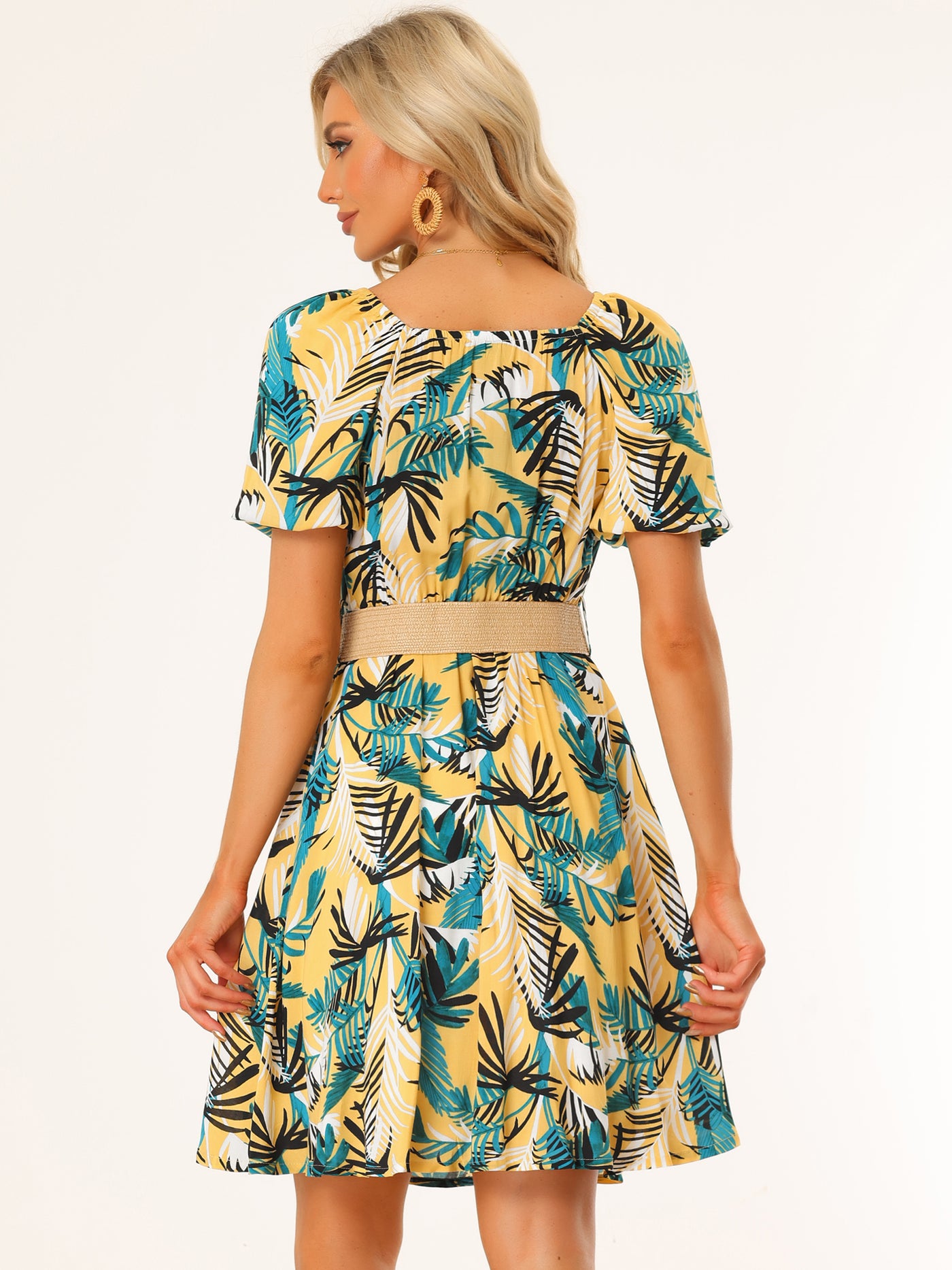 Allegra K Hawaiian Short Puff Sleeve Square Neck Tropical Floral A-Line Dress