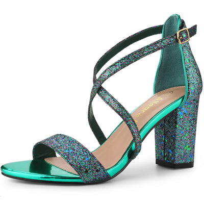 Glitter Crisscross Strap Block Heel Sandals