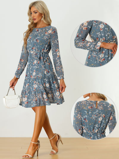 Ruffled Belted Round Neck Floral Chiffon Long Sleeve Dress
