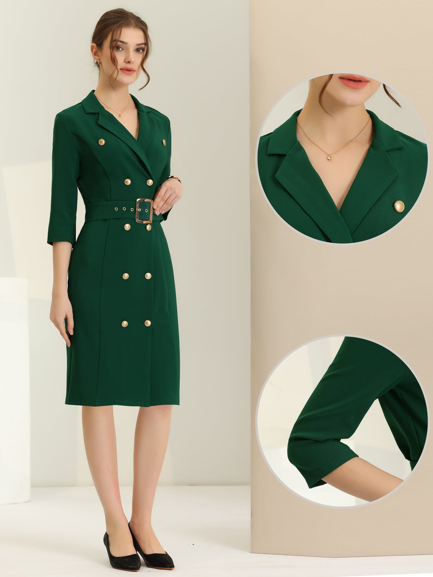 Allegra K Double Breasted Business Belted Work Blazer Suit Dress