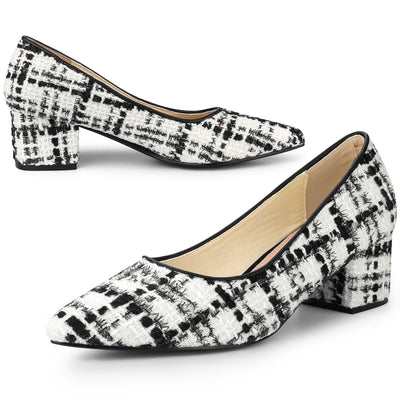 Women's Pointy Toe Tweed Plaid Knitted Printed Chunky Heels Pumps