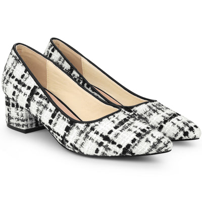 Women's Pointy Toe Tweed Plaid Knitted Printed Chunky Heels Pumps