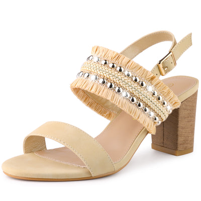 Women's Ankle Strap Chunky Heels Sandals, Sandals for Woman Embellished Braided Beads