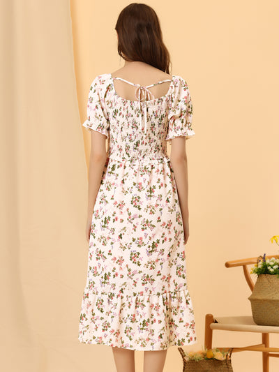 Floral Sweetheart Neck Ruffle Short Sleeve Midi Smocked A-line Dress