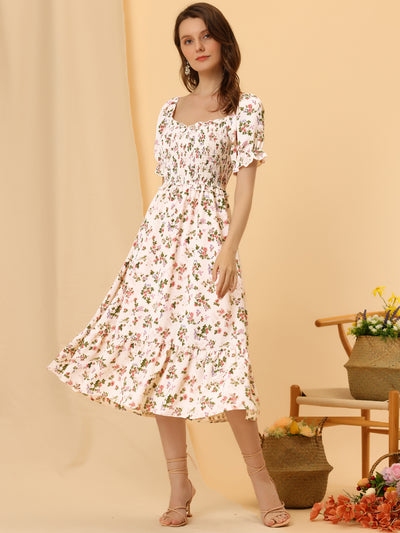Floral Sweetheart Neck Ruffle Short Sleeve Midi Smocked A-line Dress