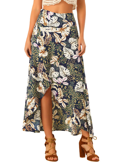 Tropical Smocked Waist High Low Flowy Maxi Skirt