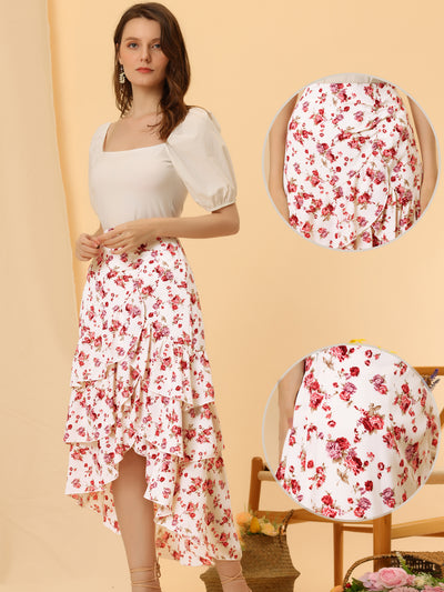 Floral Maxi Elastic Waist Flowy High Low Hem Layered Ruffle Skirt
