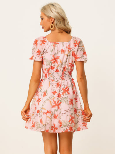 Floral Print Square Neck High Waist Summer Mini Dress