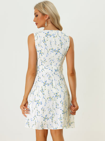 Floral Print Round Neck High Waist Sleeveless A-Line Short Dress