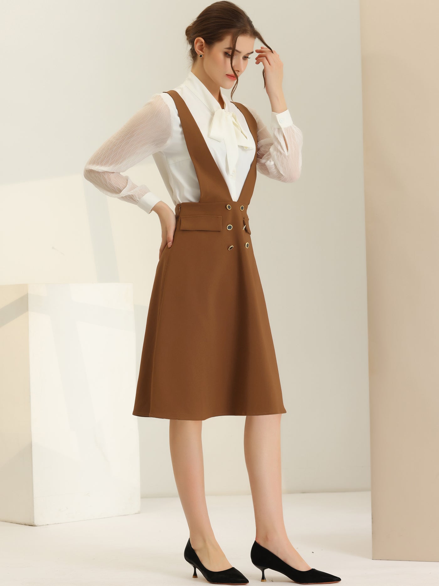 Allegra K Overall Pinafore Dress Midi Suspenders Skirt
