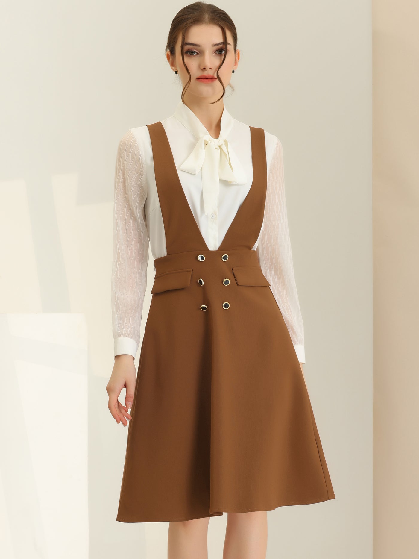 Allegra K Overall Pinafore Dress Midi Suspenders Skirt