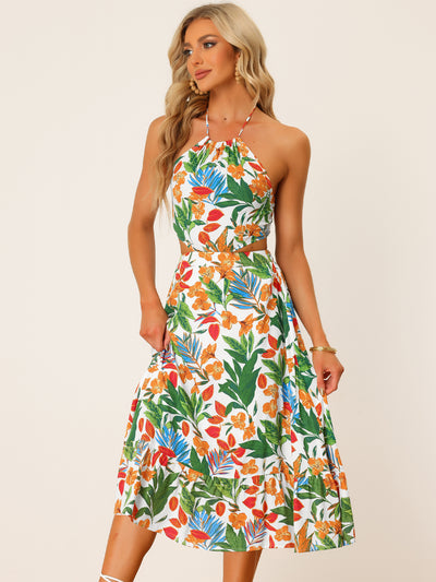Summer Floral Sundress Cutout Waist Tropical Midi Dress