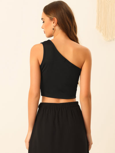 One Shoulder Crop Tank Top Sleeveless Solid Bowknot Cami Tops