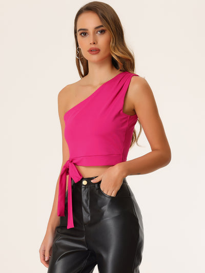 One Shoulder Crop Tank Top Sleeveless Solid Bowknot Cami Tops