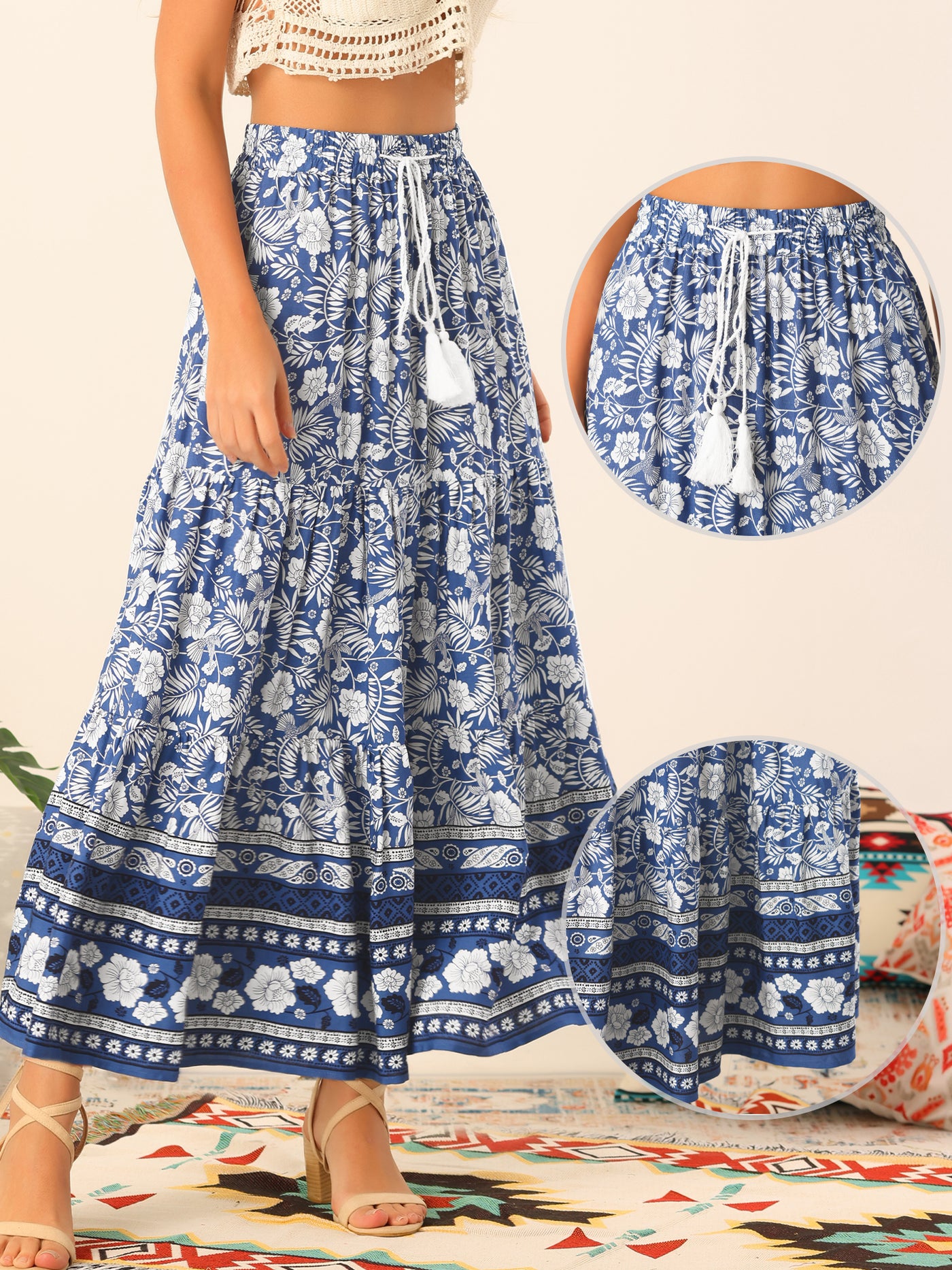 Allegra K Boho Casual Floral Bohemian Tassels Elastic Waist Maxi Skirt