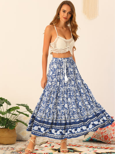 Allegra K Boho Skirt for Women's Casual Floral Bohemian Tassels Elastic Waist Maxi Skirts