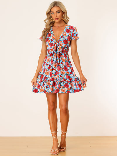 Floral Deep V Neck Tie Knot Smocked Tiered Ruffle Mini Dress