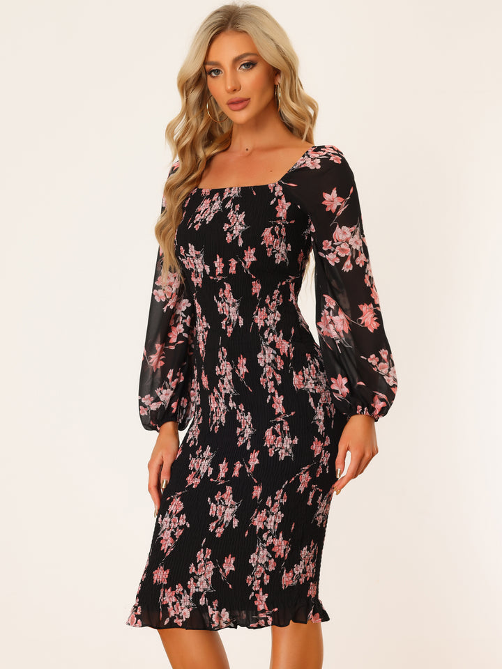smocked mermaid dress Floral Puff Sleeve Ruffle Bodycon Square Neck Smocked Mermaid Dress, Pink / S
