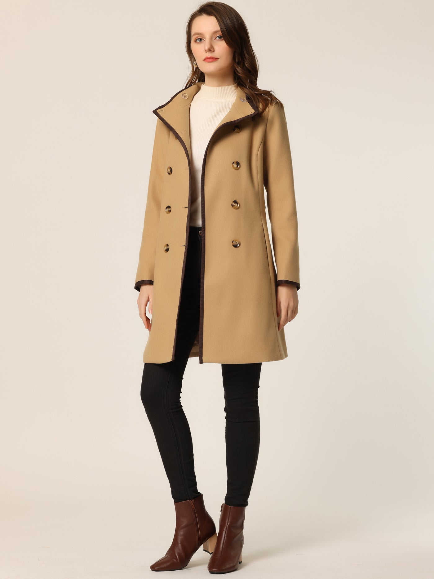 Allegra K Double-breasted Long Belted Stand Collar Winter Pea Coat