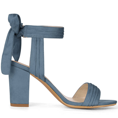 Open Toe Ankle Tie Back Faux Suede Chunky Heel Sandals