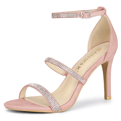 Faux Suede Strappy Ankle Strap Rhinestone Heel Sandals