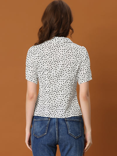 Women's Polka Dots V Neck Short Sleeve Button Down Vintage Blouse