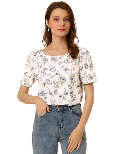 Floral Blouse Round Neck Short Sleeve Summer Top