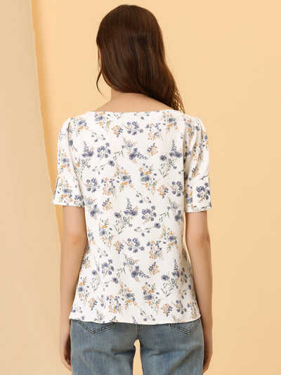 Floral Blouse Round Neck Short Sleeve Summer Top