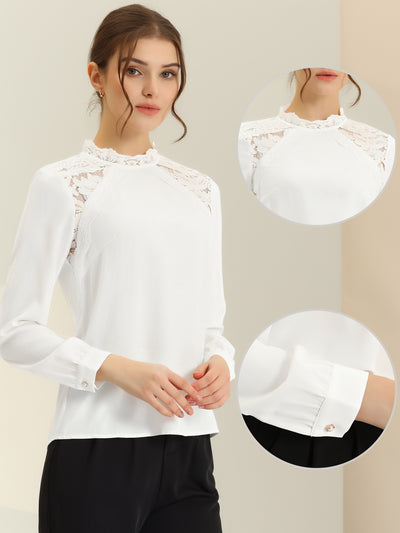 Elegant Long Sleeve Lace Panel Stand Collar Blouse