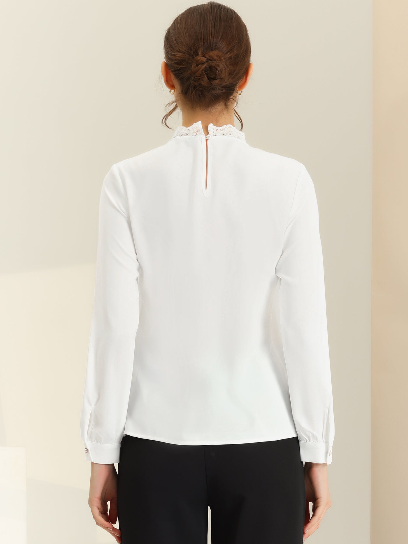 Allegra K Elegant Long Sleeve Lace Panel Stand Collar Blouse