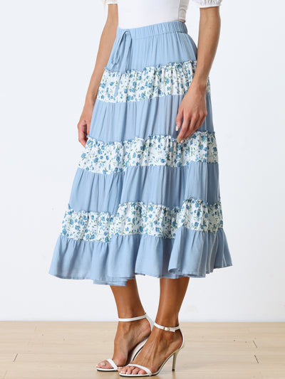 Floral Midi Elastic Waist Contrast Color Casual Tiered Boho Skirt