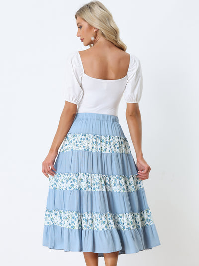 Floral Midi Elastic Waist Contrast Color Casual Tiered Boho Skirt