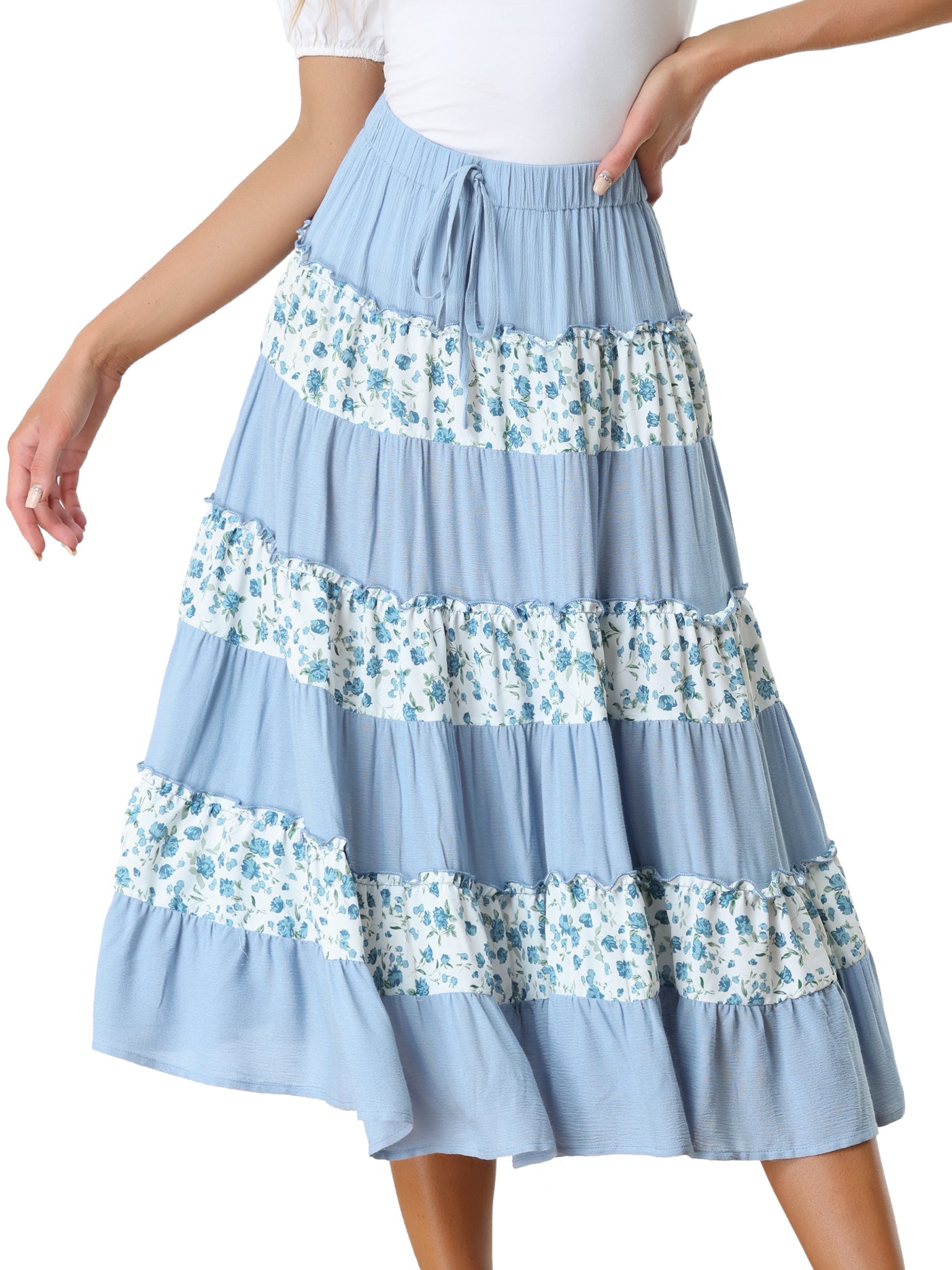 Allegra K Floral Midi Elastic Waist Contrast Color Casual Tiered Boho Skirt