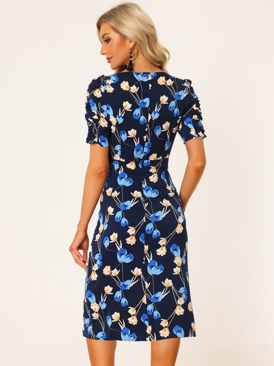 Floral Square Neck Ruched Puff Sleeve Split Midi Dress