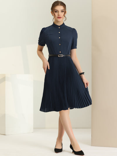 Short Sleeve Ruffle Stand Neck Belted Waist Pleated A Line Midi Dress
