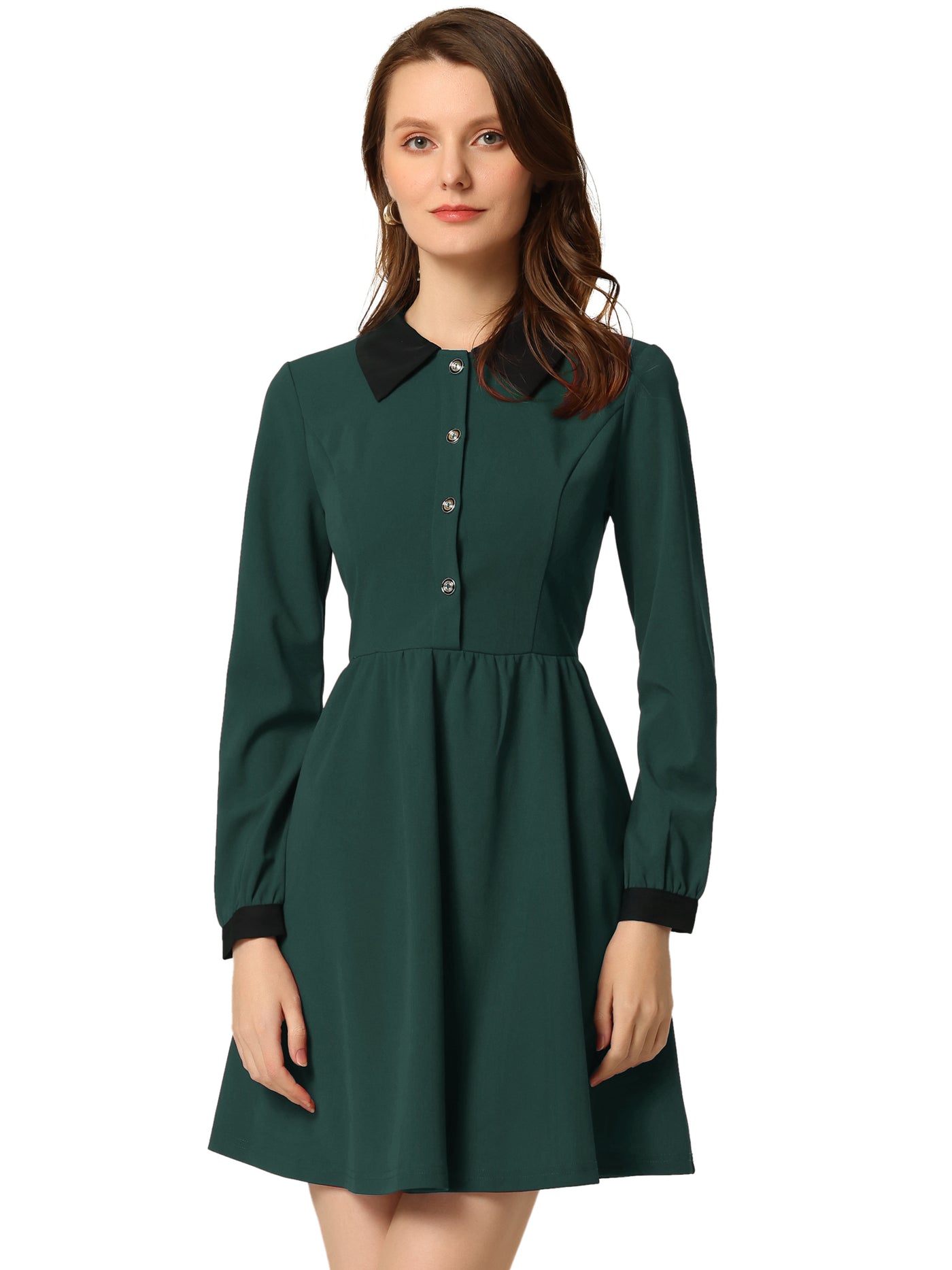 Allegra K Contrast Color Puff Long Sleeve Collared Flare Short Dress