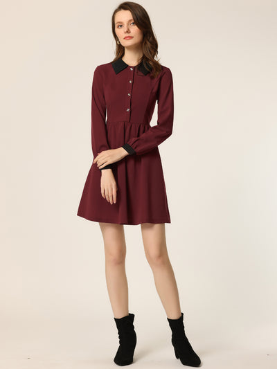 Contrast Color Puff Long Sleeve Collared Flare Short Dress