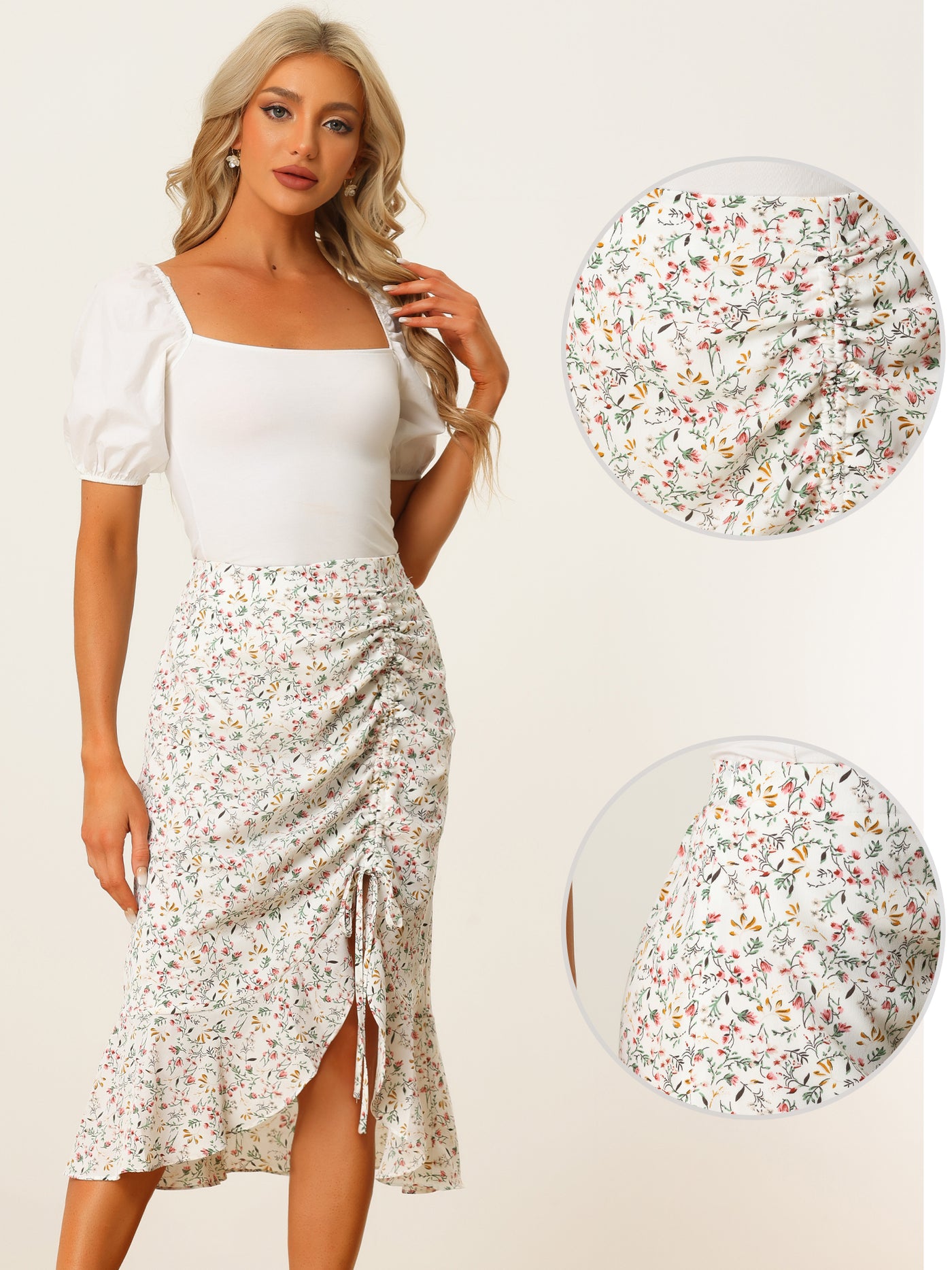 Allegra K Floral Skirt Summer Casual Drawstring Side Ruffled Midi Skirt