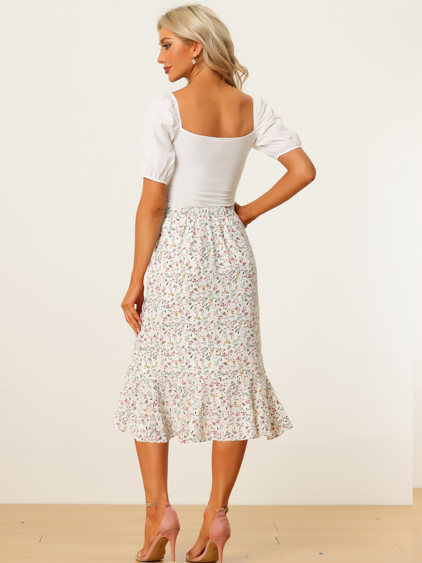 Allegra K Floral Skirt Summer Casual Drawstring Side Ruffled Midi Skirt