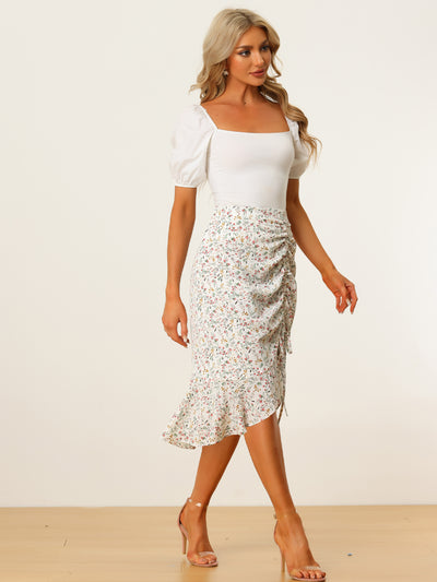 Floral Skirt Summer Casual Drawstring Side Ruffled Midi Skirt