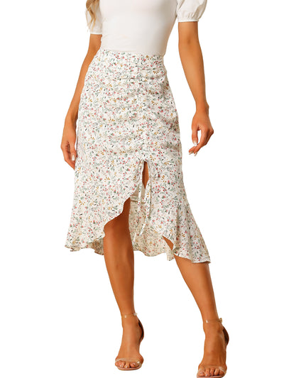 Floral Skirt Summer Casual Drawstring Side Ruffled Midi Skirt